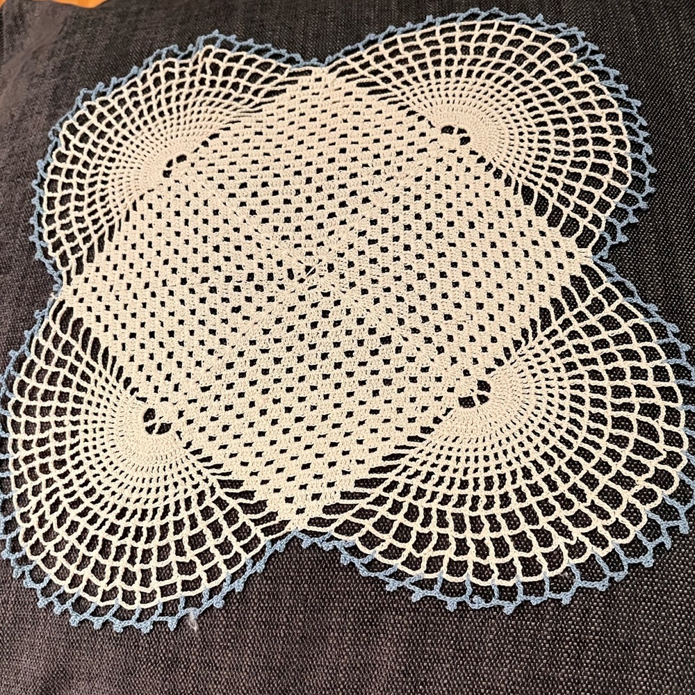 Elegant Cream and Blue Crochet Doily. Vintage. Handmade